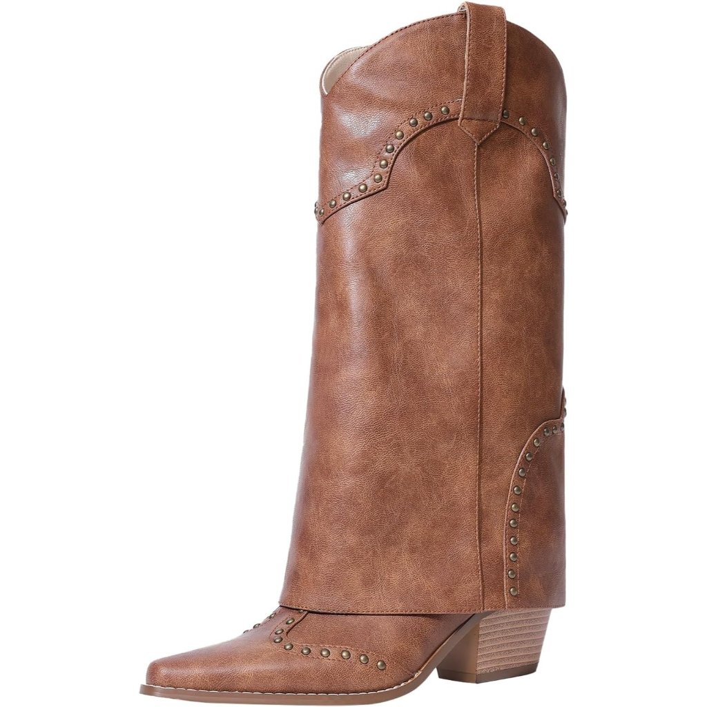 Women's Brown Shark Boots Fold Over Mid Calf Chunky Heel Snip Toe Cowboy